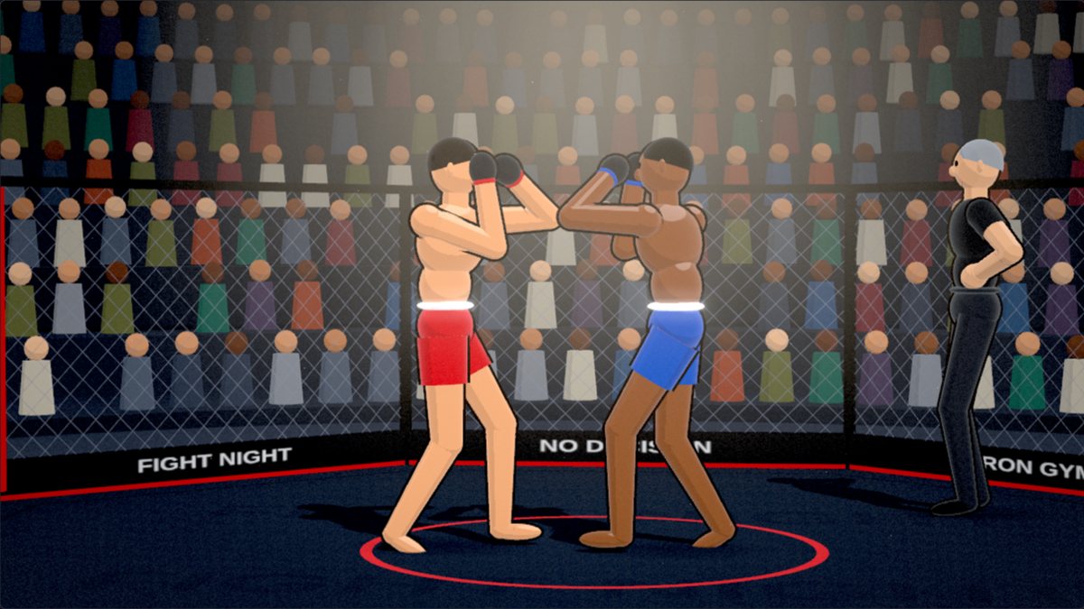 Two fighters trading strikes in the octagon in front of a crowd